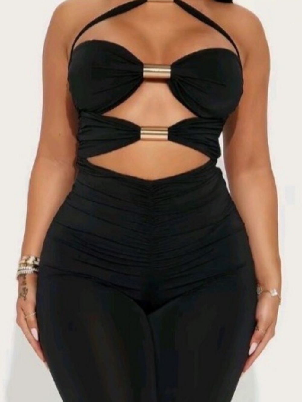Fashion nova black gold cut out ruched halter top stretchy shorts romper size M